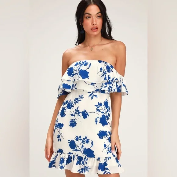 Lulus TALIA Blue & White Floral Off Shoulder Mini Dress - Large - Picture 5 of 12